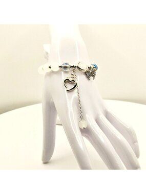 White Silver Heart Bracelet, Elegant Charm Bracelet, Luxury Beaded Bracelet, Bri